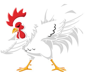 Illustration of a proud white rooster with red comb, yellow beak, and detailed feathers, standing confidently on white background, farm animal concept
