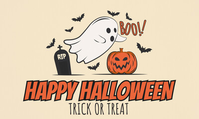 Playful Halloween design featuring a flying ghost saying “BOO!”, a spooky pumpkin, bats, and a tombstone on a beige background. Fun and spooky composition for Halloween cards, posters, and invites.