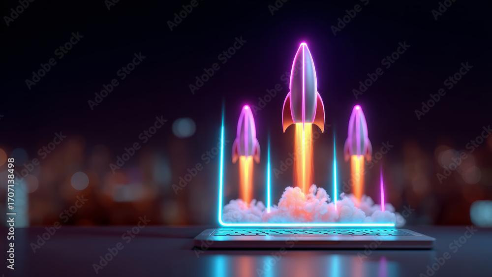 Poster ai startup funding round concept with glowing rocket ships launching from laptop keyboard symbolizin