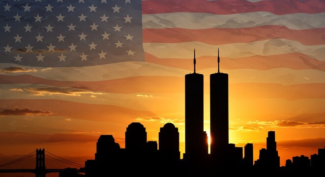 New York City skyline with American flag sunset