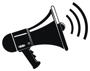 Black megaphone emitting sound waves, simple vector illustration of communication and announcement
