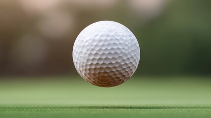 Floating Golf Ball Over Green Turf with Soft Bokeh Background for Sports and Leisure Themes