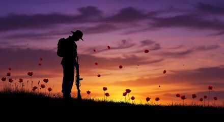 Silhouette soldier with rifle against sunset sky