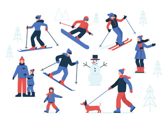 Fototapeta premium Winter Activities Illustration, People Skiing, Snowboarding, Ice Skating, Walking Dogs, Building Snowmen, Flat Cartoon Characters, Outdoor Park Scene, Seasonal Snowy Landscape, Fun Winter Recreation