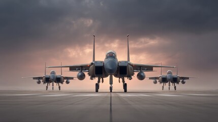 Fototapeta premium Formation of Military Jet Fighters on Runway under Dramatic Sky at Dusk, Powerful Aircraft in a Line, Ready for Takeoff