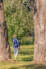 A woman with a leash in her hand walks along a park path on an autumn day