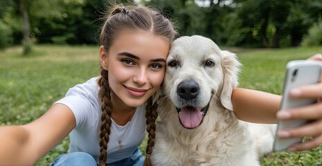 a young woman takes a selfie with her golden retriever dog outdoors, smiling and looking happy in the park