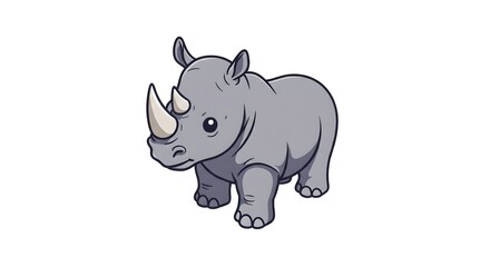 Obraz premium Playful chibi baby rhino mascot, plump body, stubby horn, isometric perspective, bold vibrant lines, white background.