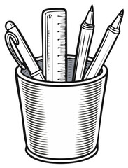 Illustration of Drawing Utensils in Pen Holder Container with Ruler, Ballpoint Pens, Markers