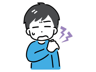 肩こりに悩む私服の若い男性(上半身・正面)