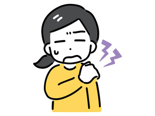 肩こりに悩む私服の若い女性(上半身・正面)