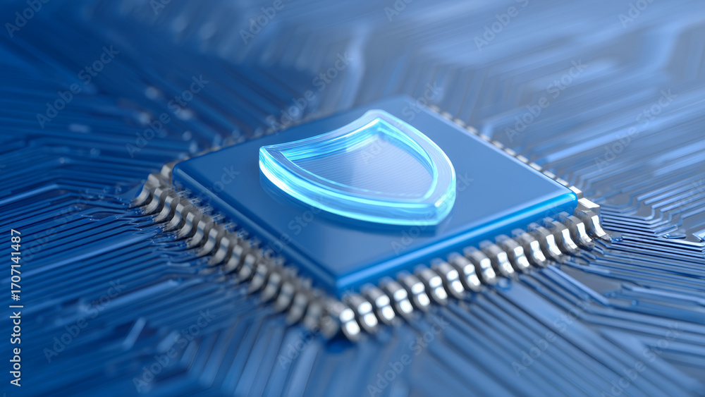 Poster cybersecurity concept with glowing shield icon on microchip representing ai technology and policy im