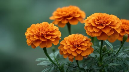 Vibrant Orange Marigold Flowers in a Garden Setting with Soft Green Background and Lush Leaves Providing a Fresh Spring Atmosphere