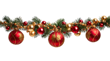 A festive christmas garland with red and gold ornaments isolated on transparent background, perfect for decorating your home for the holidays