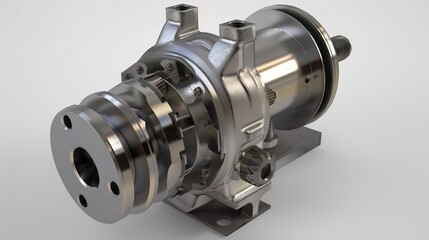 Gear pump with a compact metallic silver body and interlocking gears inside, installed in a factory, oil facility, or hydraulic system to transfer liquids like oil, fuel, or hydraulic fluid, connected