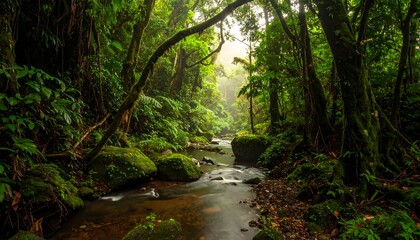 Obraz premium A lush, verdant rainforest scene with a flowing stream, dense foliage, and moss-covered rocks. Hazy light filters