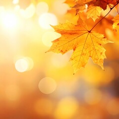 A vibrant maple leaf against a blurred, warm-toned background evoking autumn. Bokeh lights add depth to the composition