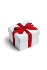 White gift box adorned with bright red ribbon, symbolizing festi
