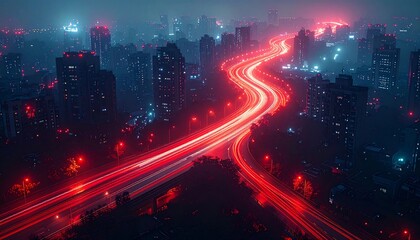 未来 テクノロジー 都市 ネオン 光 サイバー 赤 青 夜 アーバン 道路 街の灯り 車の光 軌跡 光の流れ ダウンタウン ハイウェイ 交通 ぼやけ
