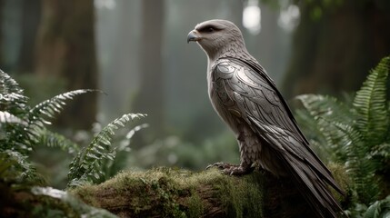 Fototapeta premium A Mesmerizing Close-up of a Robotic Falcon with Gleaming Metallic Feathers Perched on a Branch at Night
