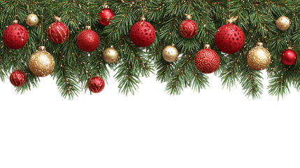 Festive christmas garland isolated on transparent background with red and gold ornaments hanging from green pine branches