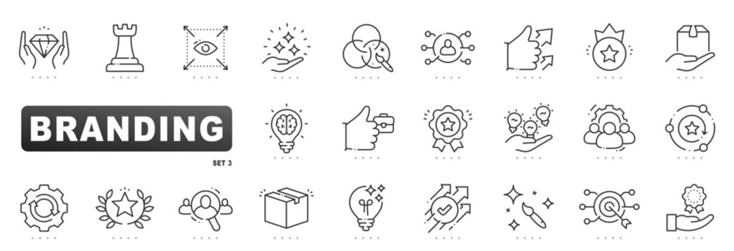 Branding outline icons showcasing identity, logo, strategy, packaging, loyalty, targeting, marketing, recognition, quality, growth, and design in editable-stroke vector format