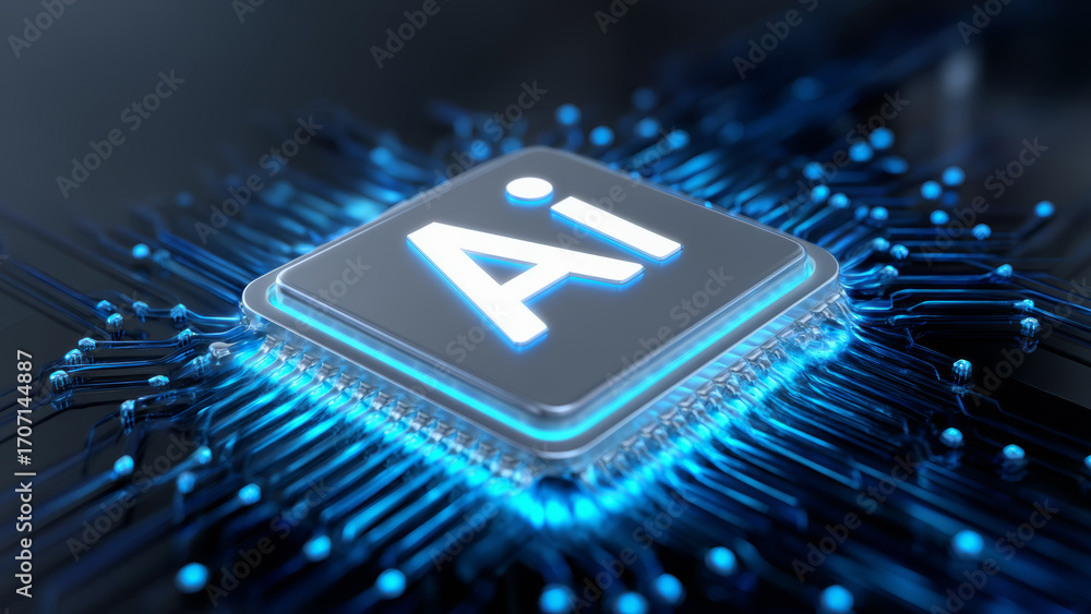 Poster artificial intelligence chip glowing with blue light on circuit board showing agentic technology con