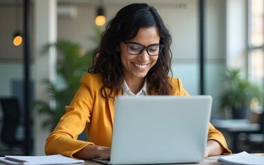 Indian entrepreneur manager businesswoman using pc for communication, learning at workplace. Focused latin hispanic young business woman working on laptop computer sitting at office workplace desk