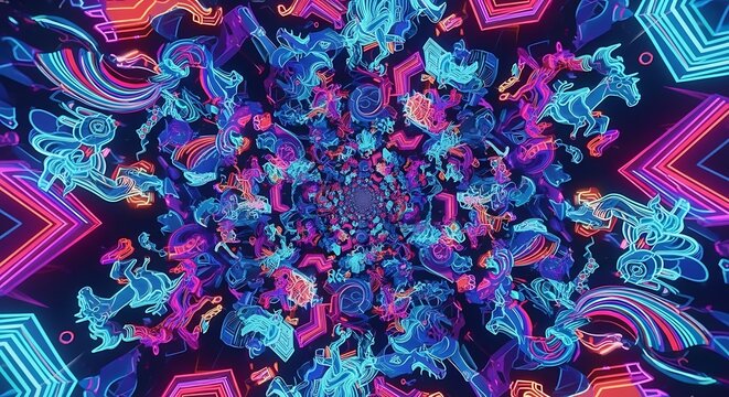 A vibrant, kaleidoscopic design featuring numerous outlined figures, set in a swirling pattern, illuminated by neon colors.