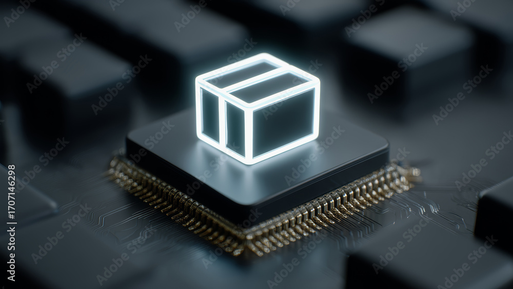 Poster ai powered customer support for ecommerce concept with glowing package icon on microchip representin