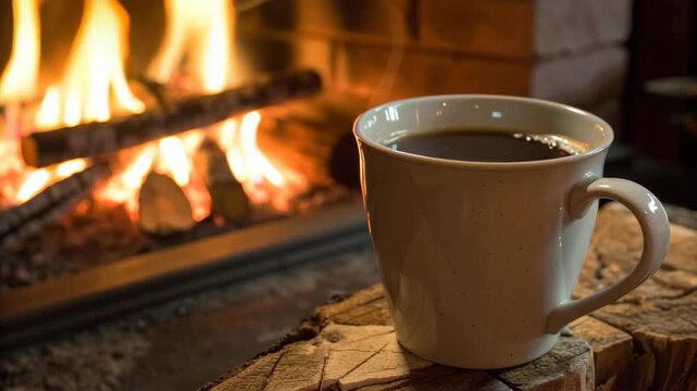 Yule log burning in warm fireplace concept. A cozy scene with a cup of coffee beside a crackling fire, creating a serene atmosphere.