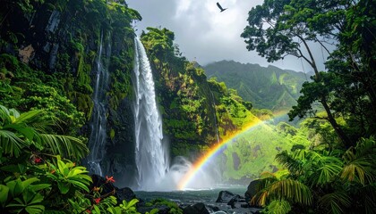 Lush, vibrant rainforest waterfall cascades into a clear pool, crowned by a vivid rainbow and soaring bird against cloudy skies