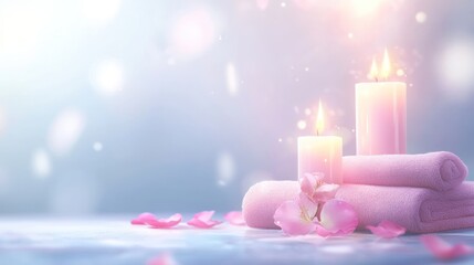 Pink candles and towels spa still life