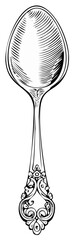 Antique engraved silver spoon with ornate handle, detailed black and white illustration