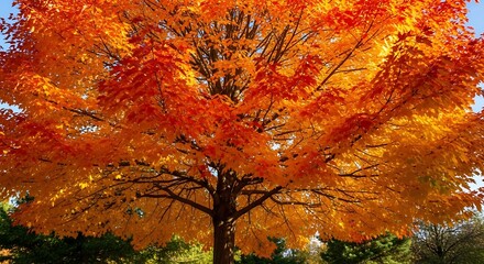 Vibrant autumn foliage of a majestic tree, displaying a spectrum of warm, fiery oranges and reds, bathed in sunlight.