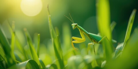 Grassy Ghost  Praying Mantis Camouflaged within Emerald Grass, Macro Focus, Blurry Background, Sunlit Scene, Natural Camouflage