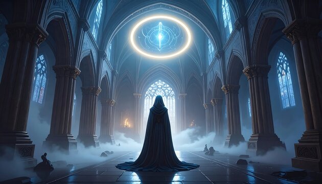 A hooded figure stands in a gothic cathedral under a glowing halo, shrouded in mist, and lit with cool light