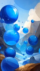 Many vibrant blue spheres float over a landscape of mountains and valleys