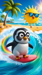 Watercolor penguin on the beach - Cartoon style animal