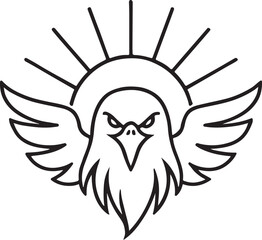 Obraz premium Stylized eagle head with wings and sunburst isolated on white background