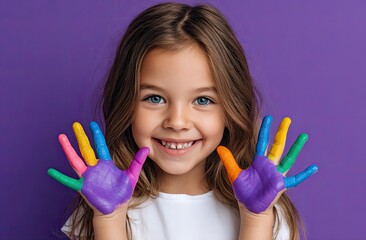 a happy little girl with paint on her hands and face smiles while posing for the camera against a light purple background