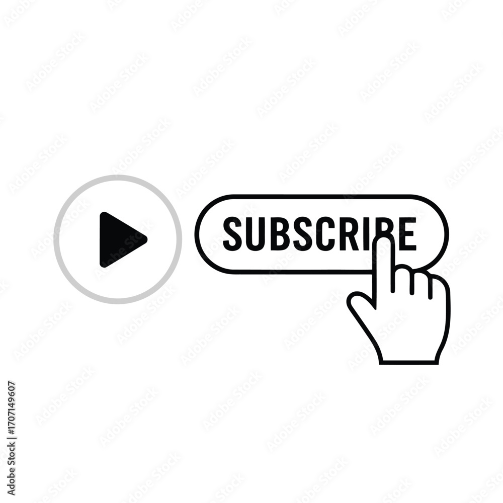 Poster illustration of play button and subscribe button with hand icon