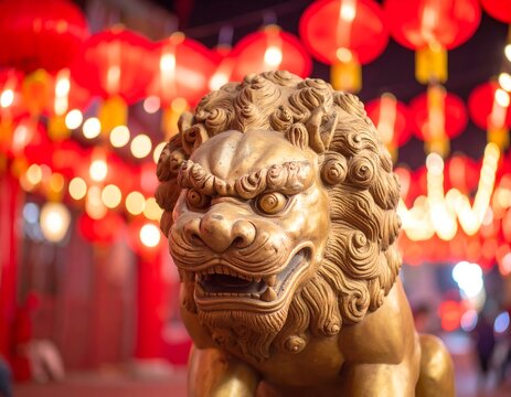 Golden lion statue at night, blurred red lanterns