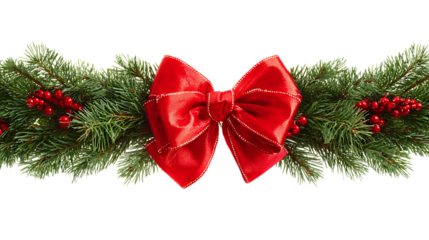 Festive christmas garland isolated on transparent background featuring a vibrant red bow and sprigs of green pine needles