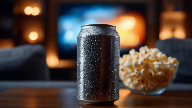Cold drink can with water droplets on wooden table near bowl of popcorn in cozy living room for movie night with family