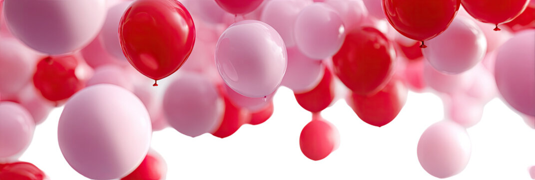 Silhouette of shapes against a vibrant background of pink and red balloons
