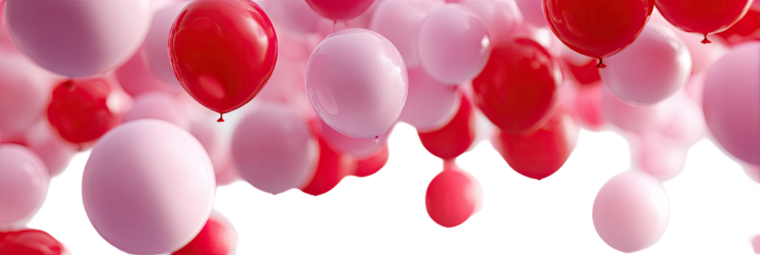 Silhouette of shapes against a vibrant background of pink and red balloons - Powered by Adobe