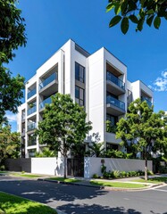 Modern white apartment building with glass balconies, lush trees, bright sky, and street corner