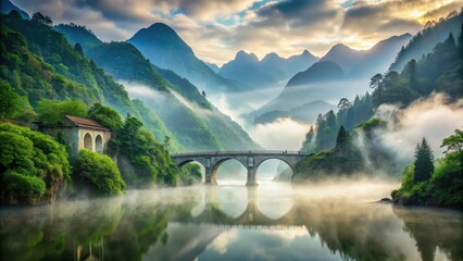 Serene Sunrise Over Misty Mountains and Arch Bridge Reflecting in Calm Water