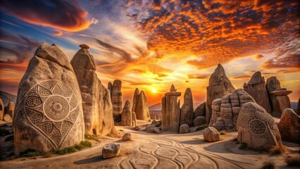 Ancient Stone Monuments at Sunset A Mystical Landscape of Carved Rocks and Vibrant Sky